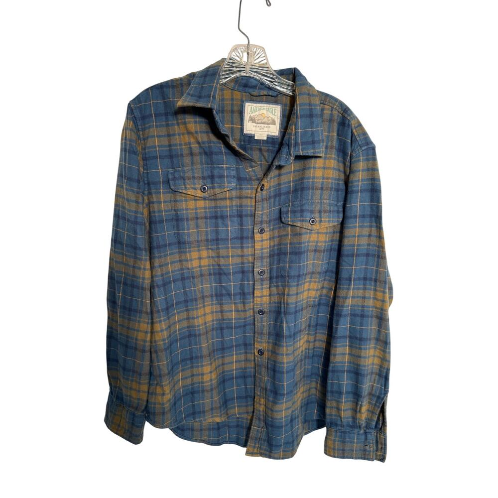American Eagle Mens Long Sleeve Flannel Shirt Yellow Blue Plaid Size Large